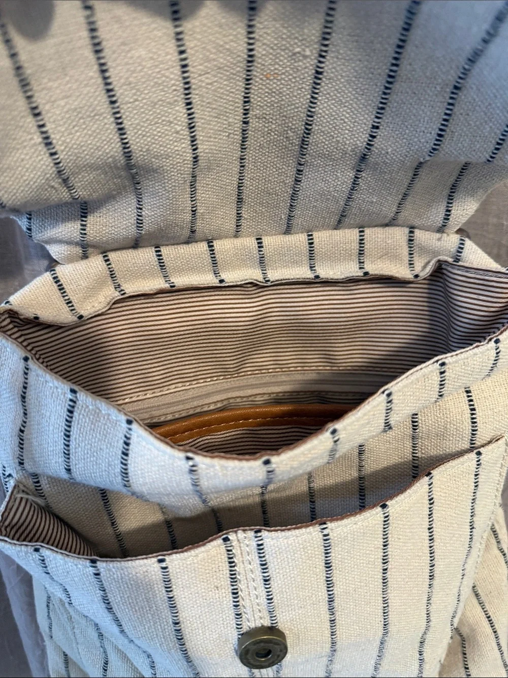 Striped Canvas Backpack with Brown Trim - Cream and Brown